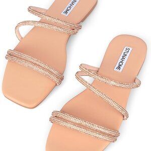 Women's Rhinestone Flat Sandals Open Toe Slip On Comfort Bling Strap